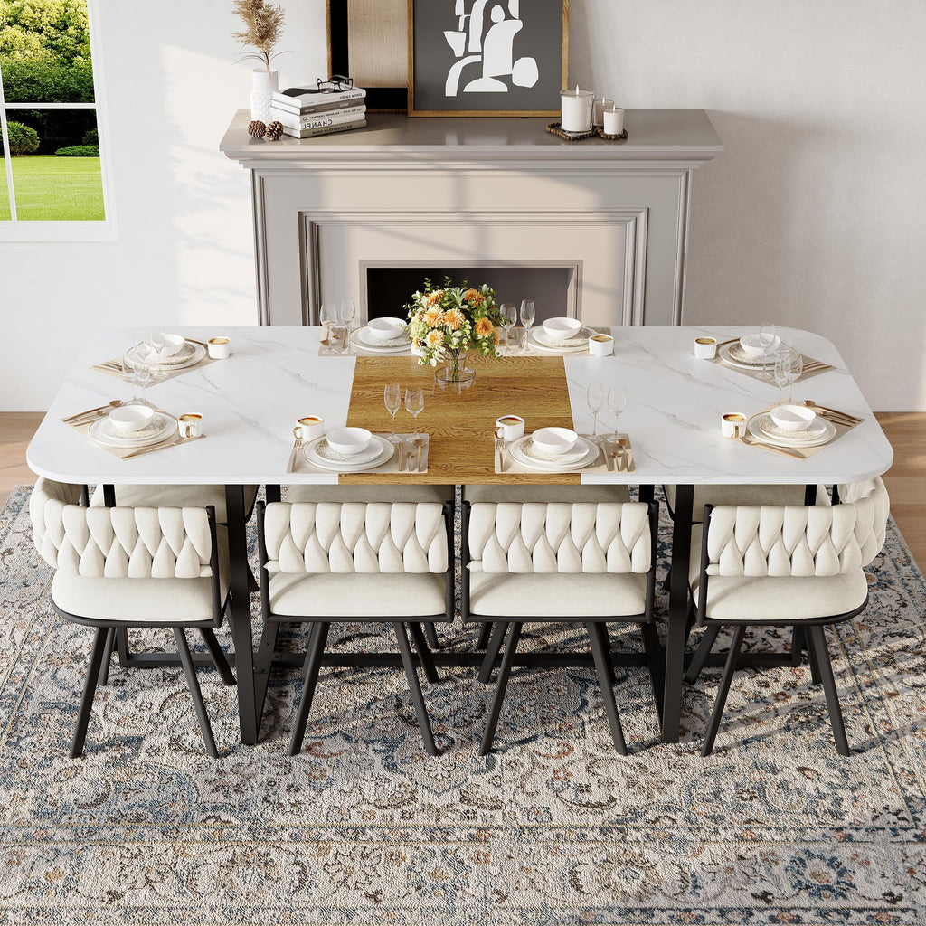 Dining Room Table Set for 8, 9-Piece Modern Kitchen & Living Room Set, 79" Space-Saving Faux Marble Grain Rectangular