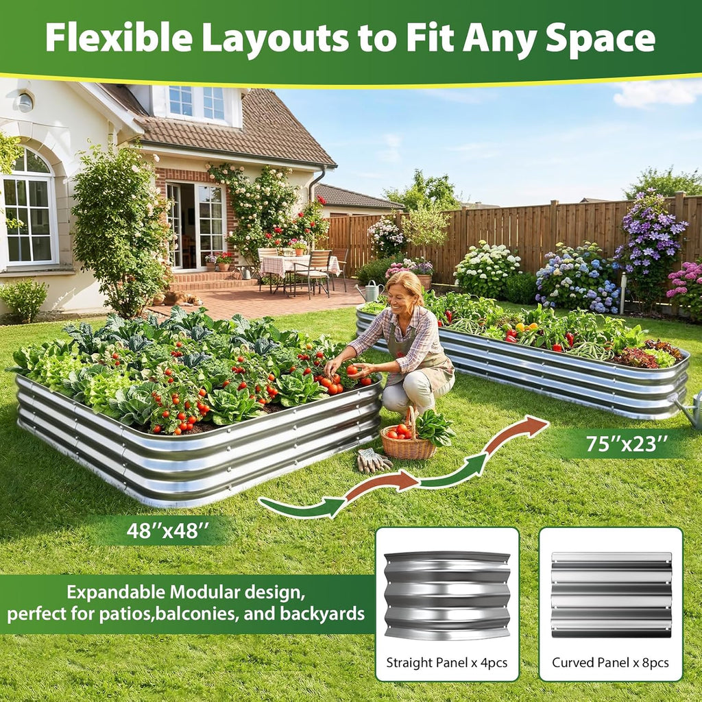 Square Galvanized Raised Garden Bed 4x4 ft - Heavy Duty Metal Planter Box for Vegetables & Flowers,Herb- 12" Deep