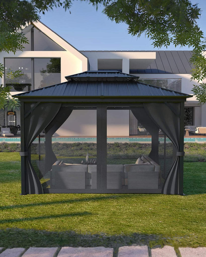 10x10 Ft Hardtop Gazebos with Heavy Duty Double Roof, Nettings and Curtains Galvanized Steel Outdoor Gazebos