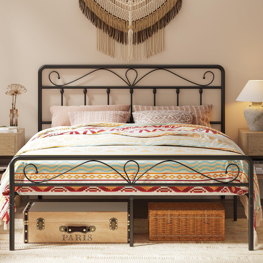 Queen Bed Frame with Victorian Style Headboard Metal Bed Frame Queen Size with Storage Space No Box Spring Needed