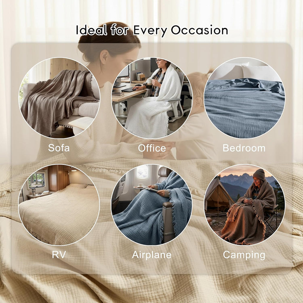 Muslin Throw Blanket 100% Cotton Blankets 4-Layer Breathable Lightweight Soft