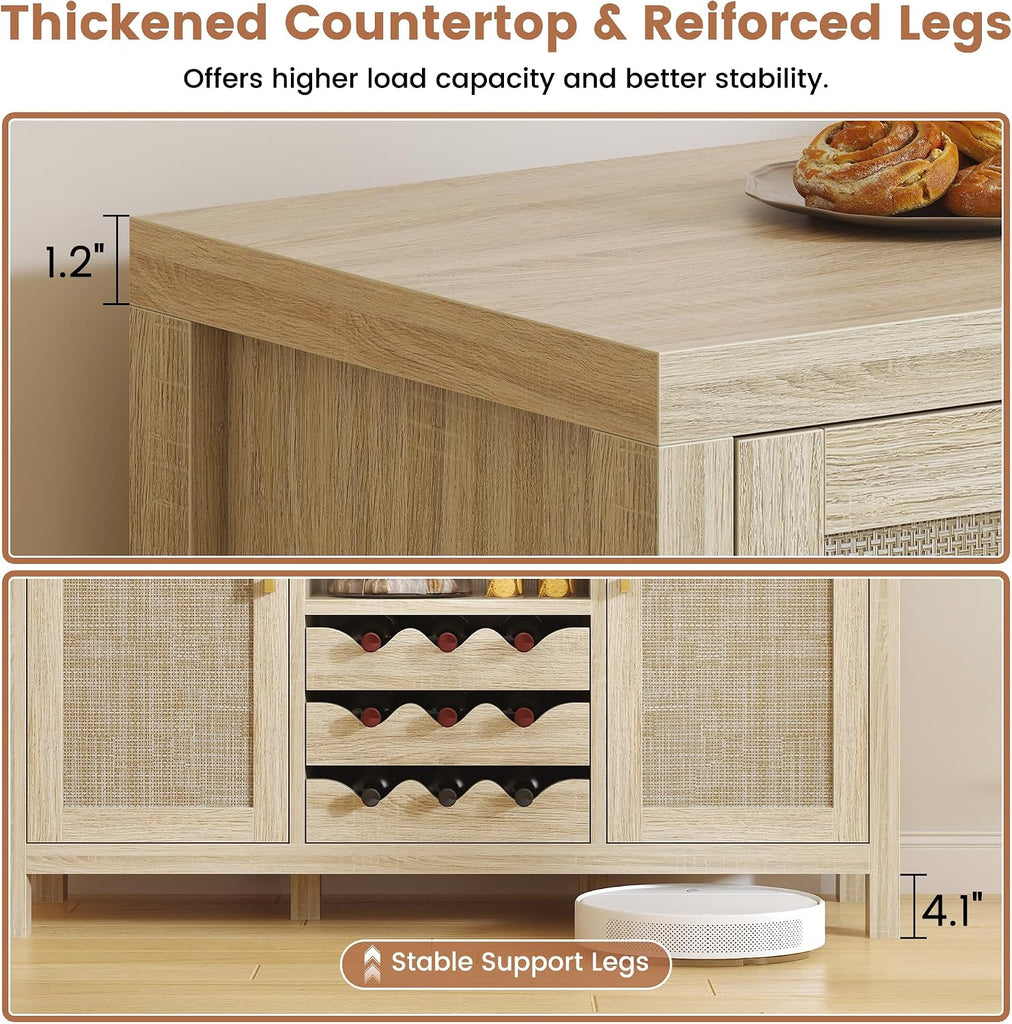 Rattan Wine Bar Cabinet, Boho Rattan Home Bar with Glass Holder and Drawer Style Racks, Oak Sideboard Buffet Storage