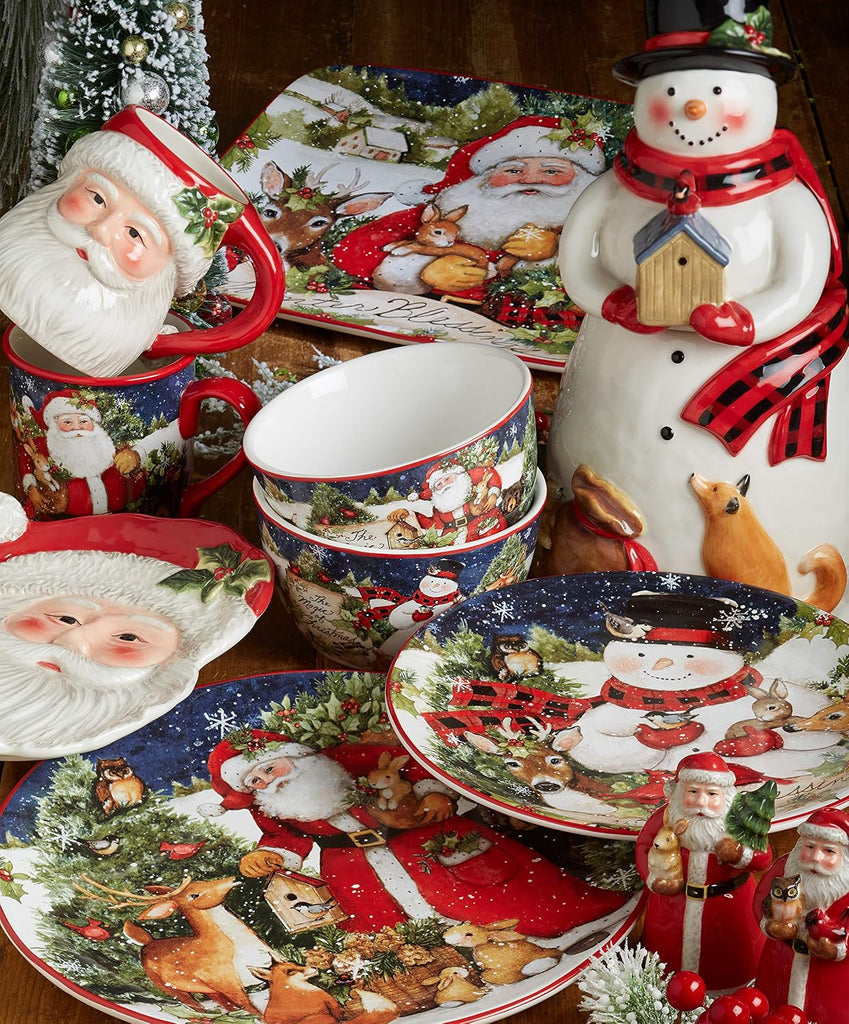 Magic of Christmas 16pc Ceramic Dinnerware Set - Santa and Woodland Animals Holiday Plates, Bowls & Mugs, Dishwasher
