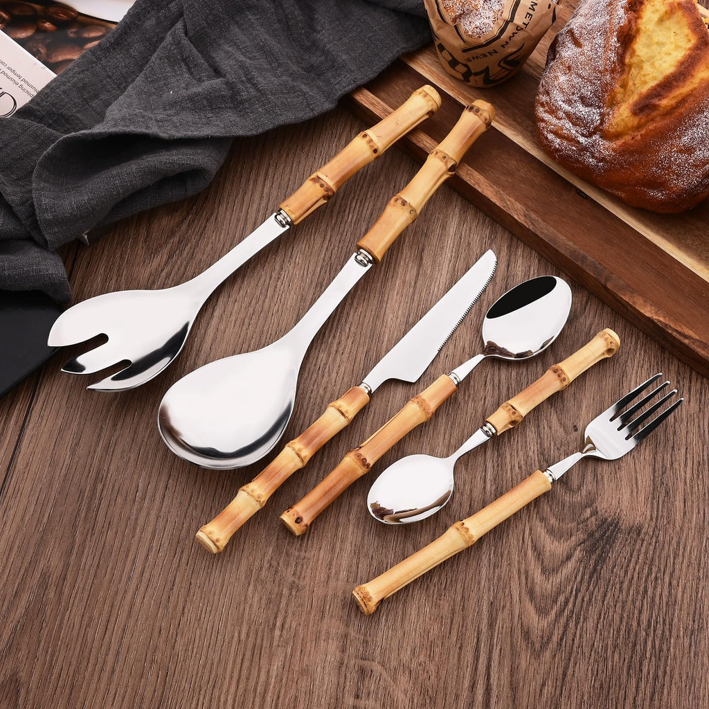 Bamboo Handle Silverware Set, 24-Piece Flatware Set for 6, Stainless Steel Cutlery Eating Utensils Include Forks