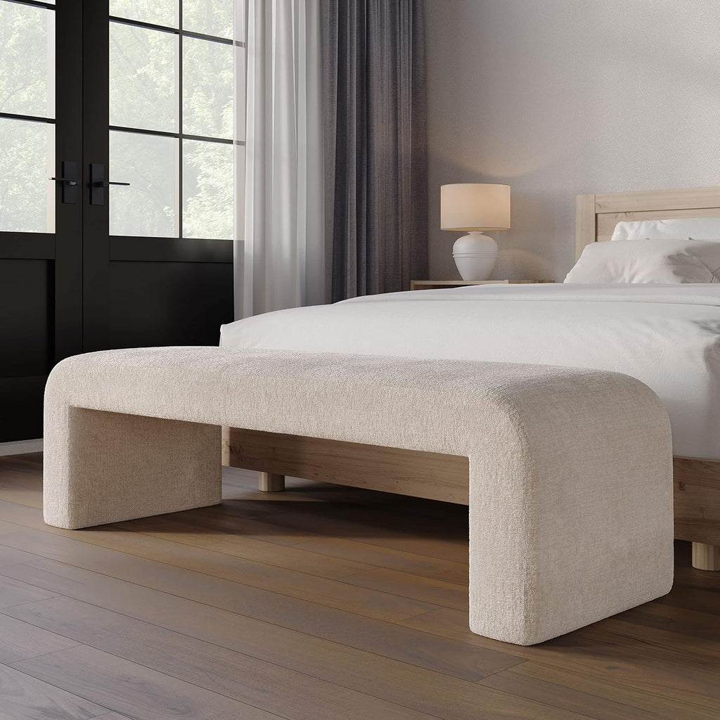 Sophia Modern Luxury Curved Upholstered Jacquard Bedroom Hallway Bench, End of Bed Bench, Large Size, Natural