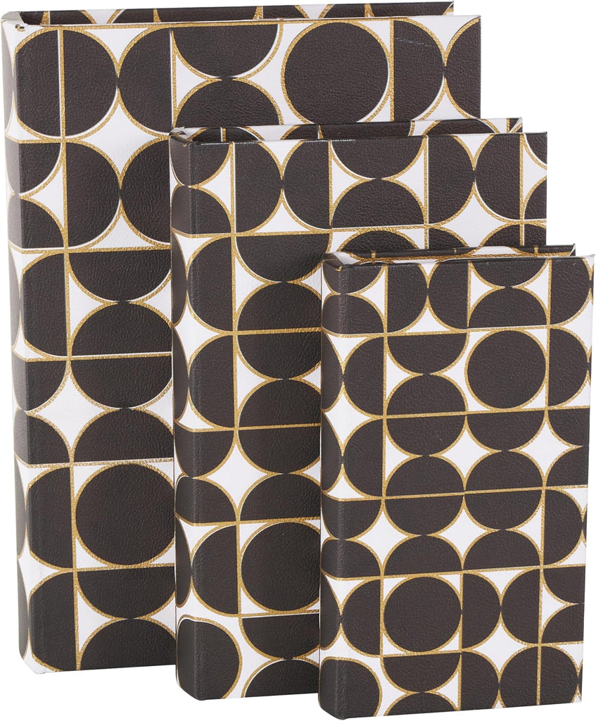 79 Faux Leather Decorative Box Faux Book Storage Book Shaped Boxes with White and Gold Geometric Patterns, Set of 3