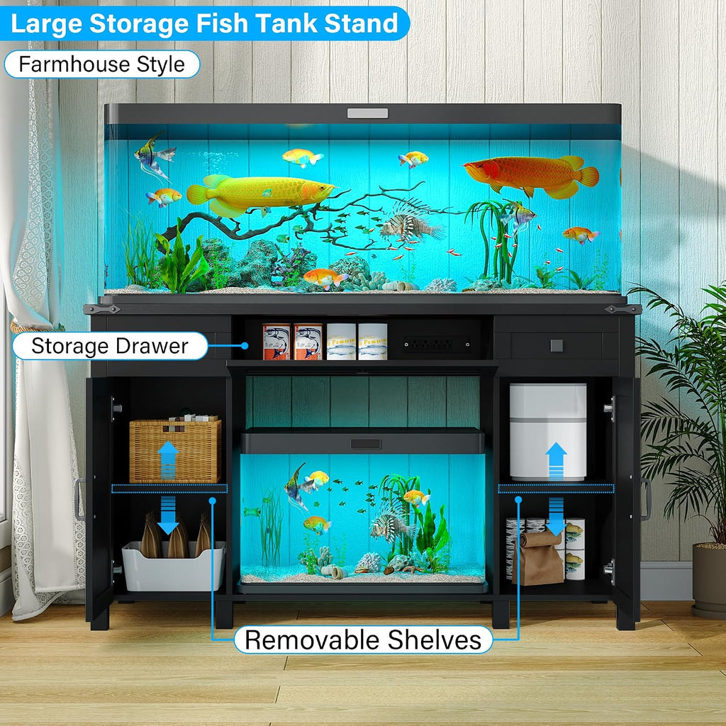 Farmhouse 55-75 Gallon Fish Tank Stand with Power Outlet, Aquarium Stand with 2 Drawers and Adjustable Shelves, Heavy