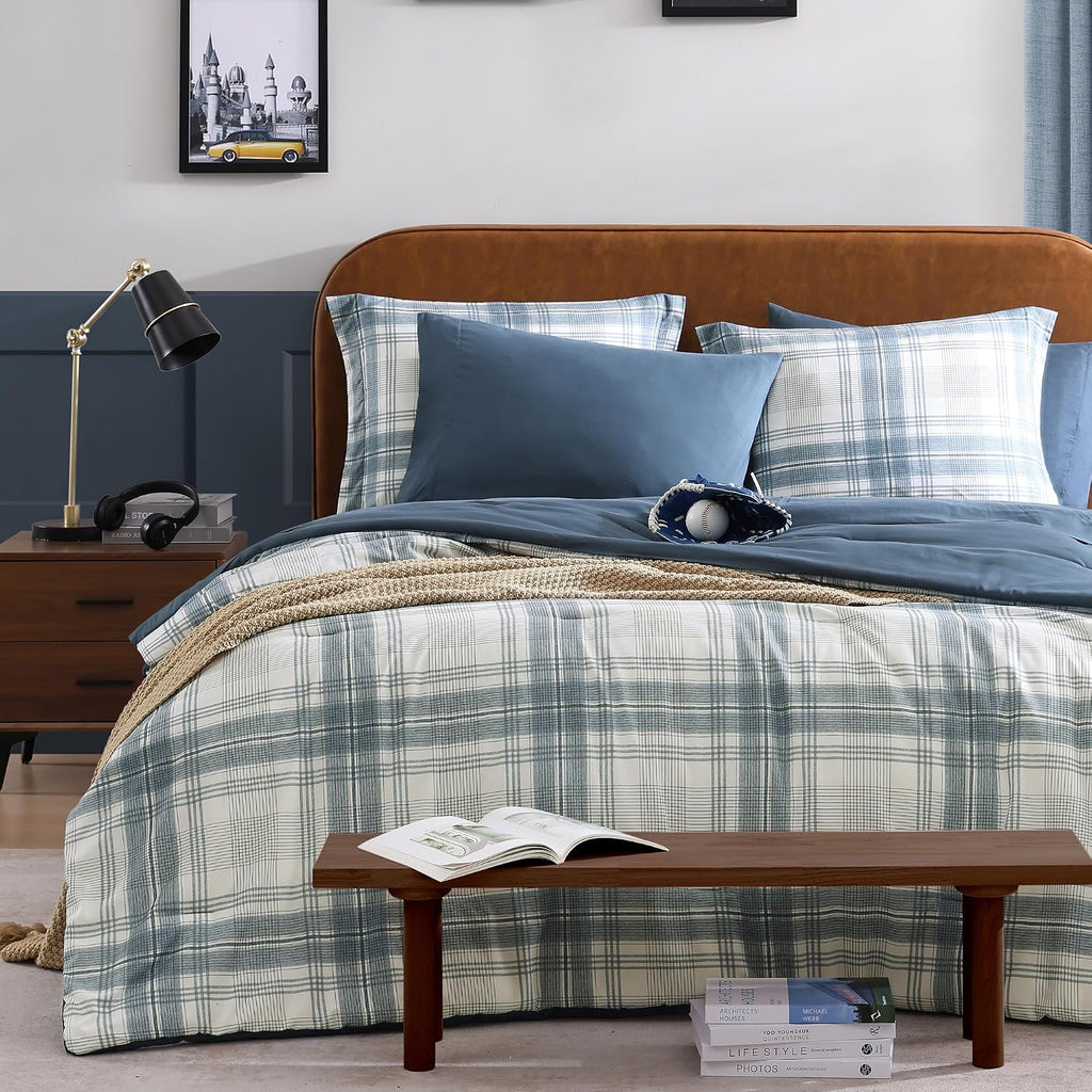 Full Comforter Sets, Blue Grey Plaid Bedding Set 7 Piece for Boys Girls Teen, Classic Homestead-Style Kids Comforter