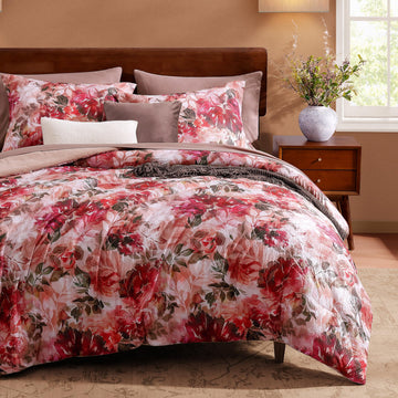 Comforter Set, 7 Piece Red Rose Floral Comforter Set with Flowers Leaves Pattern, Soft Seersucker Design All