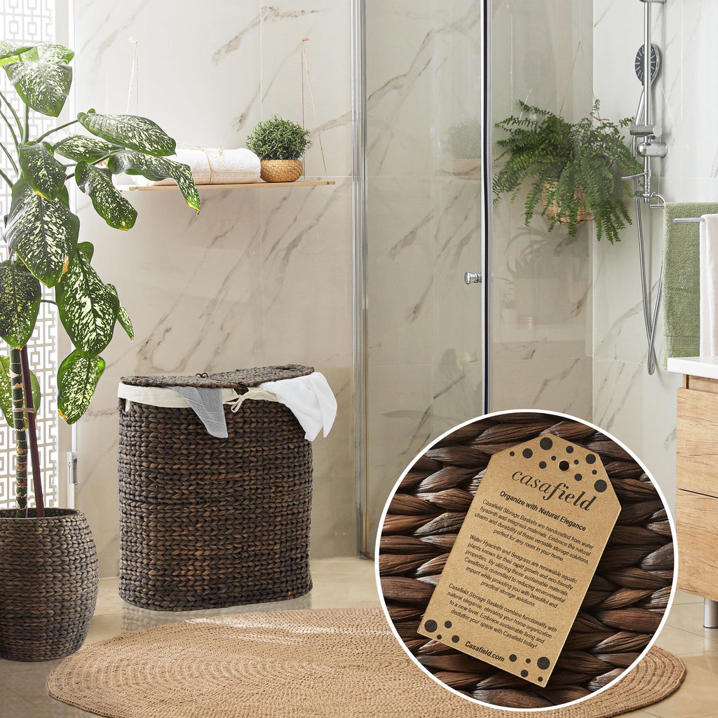 Oval Laundry Hamper with Lids and Removable Liner Bags - Espresso Dark Brown, Woven Water Hyacinth 2-Section Laundry