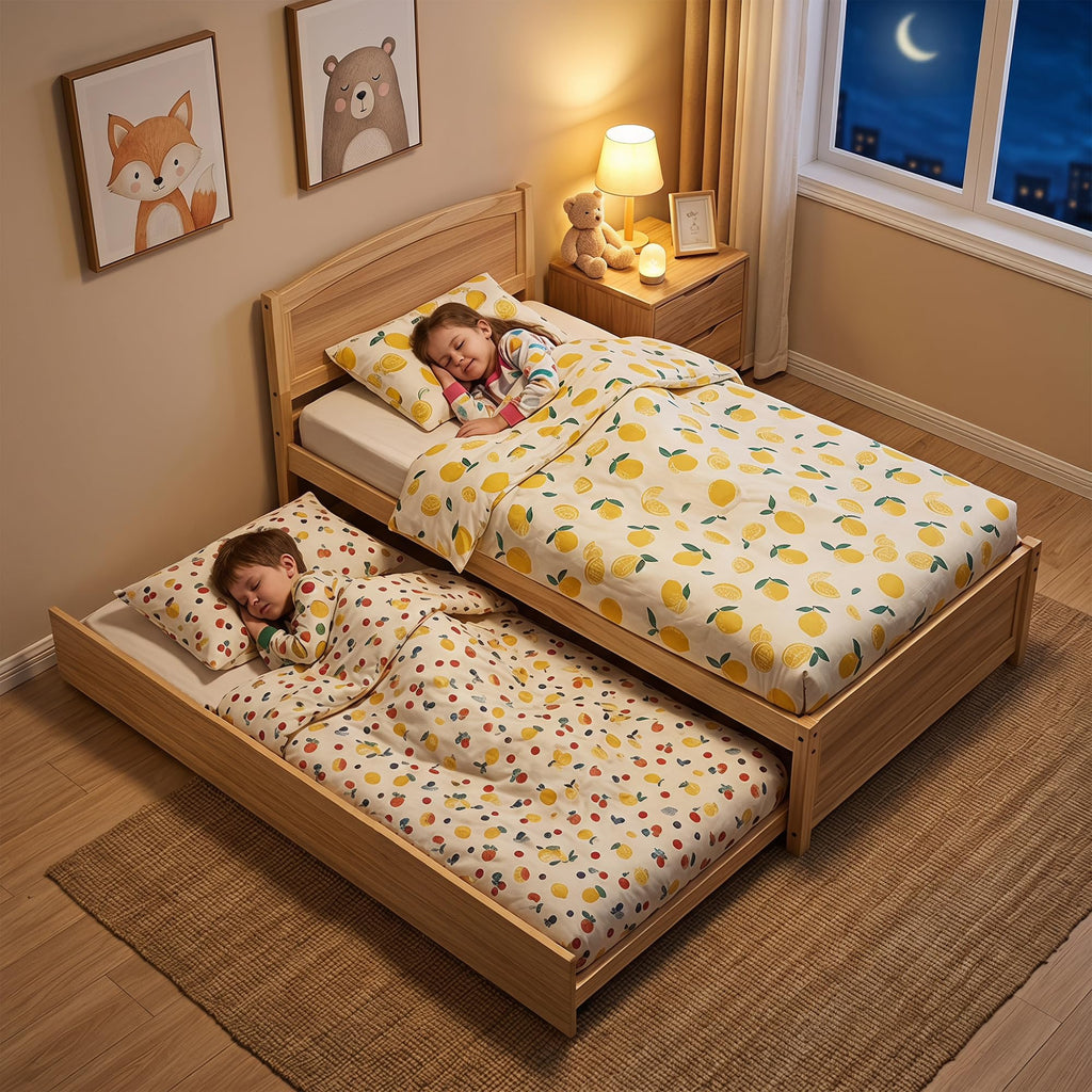 Daybed with Trundle, Twin Size Pull Out Bed, Solid Wood Extendable Day Bed with Trundle, Include Slat Support