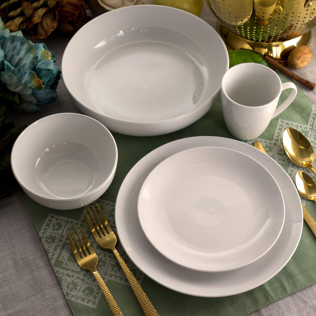 Owen 18 Piece Porcelain Dinnerware Set with 2 Large Serving Bowls in White