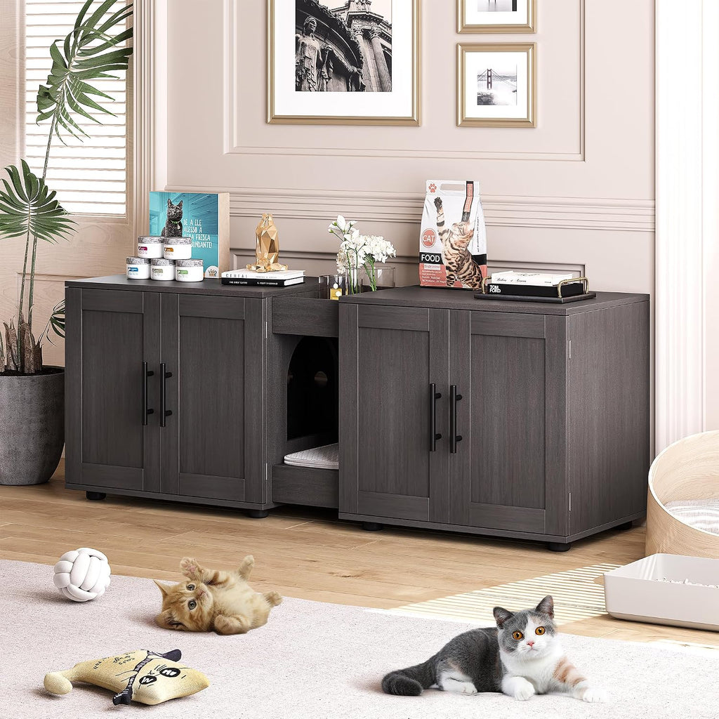 Cat Litter Box Enclosure with Double Room, Walnut