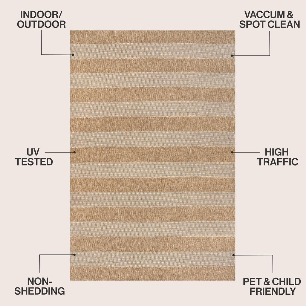 Easy Jute Rustic Indoor Outdoor Area Rug Natural/Beige, Sutton Modern Stripe for Backyard, Patio, Easy-Cleaning