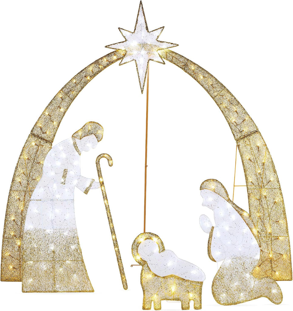 4.5ft Lighted 2D Outdoor Nativity Scene, Christmas Arch Holy Family Yard Decoration w/ 115 LED Lights, Stakes, Zip