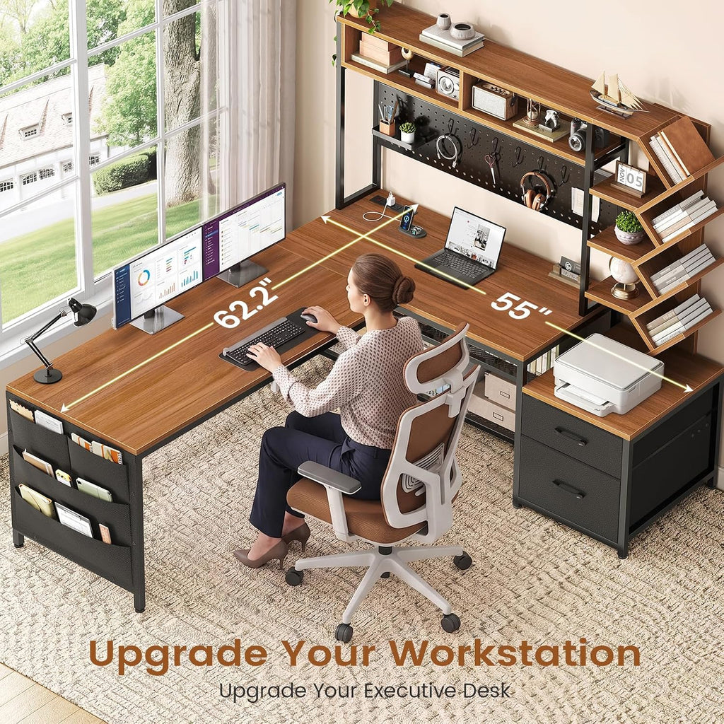 L Shaped Office Desk with Drawers and Hutch, Convertible 97.6" Double Computer Desk, Corner Gaming Desk with Storage