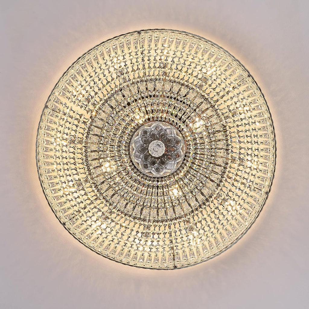 16-Light Modern Crystal Chandelier, 32" Chrome Flush Mount Ceiling Light, Round Tiered Crystal Ceiling Fixture