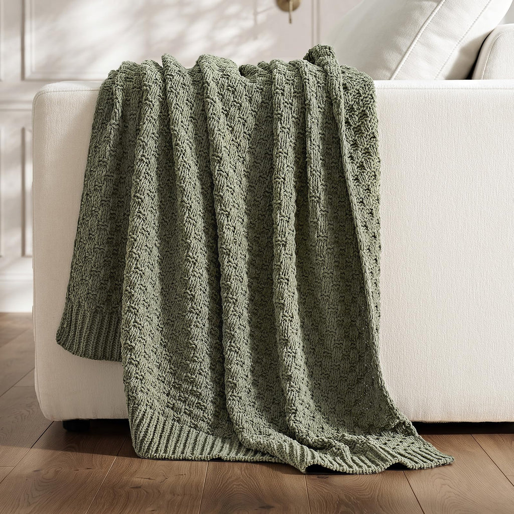 Chunky Chenille Knit Throw Blanket, Dried Thyme Green, 60x80