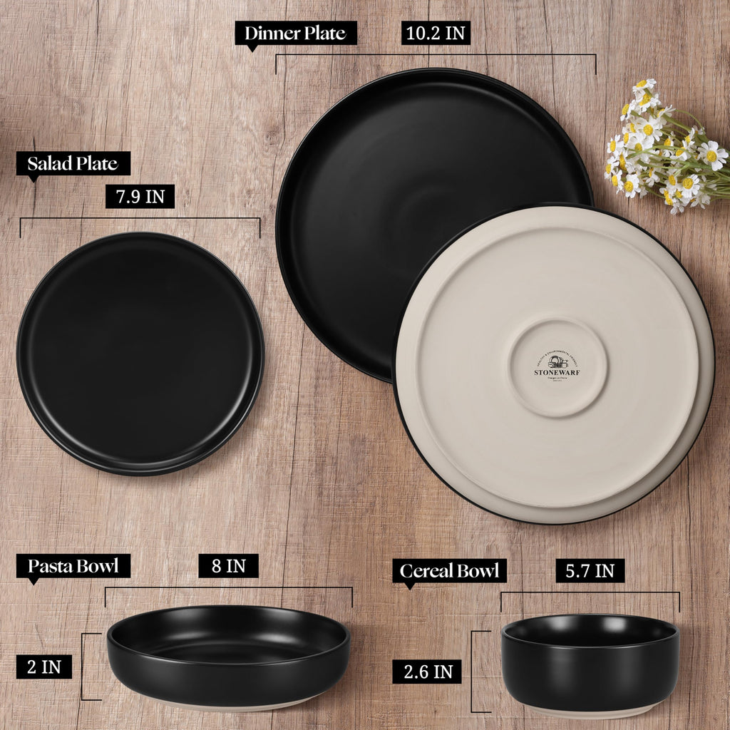 16-Piece Plates and Bowls Set for 4, Stoneware Dinnerware Sets with Pasta Bowl, Dishes Set Restaurant, Frosting Black
