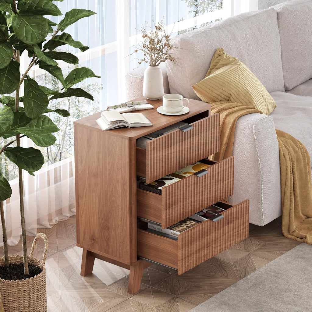 Walnut Nightstand with 3 Drawers, Mid Century Modern Wooden Bedroom Nightstand, Bedside Table & End Table with Metal