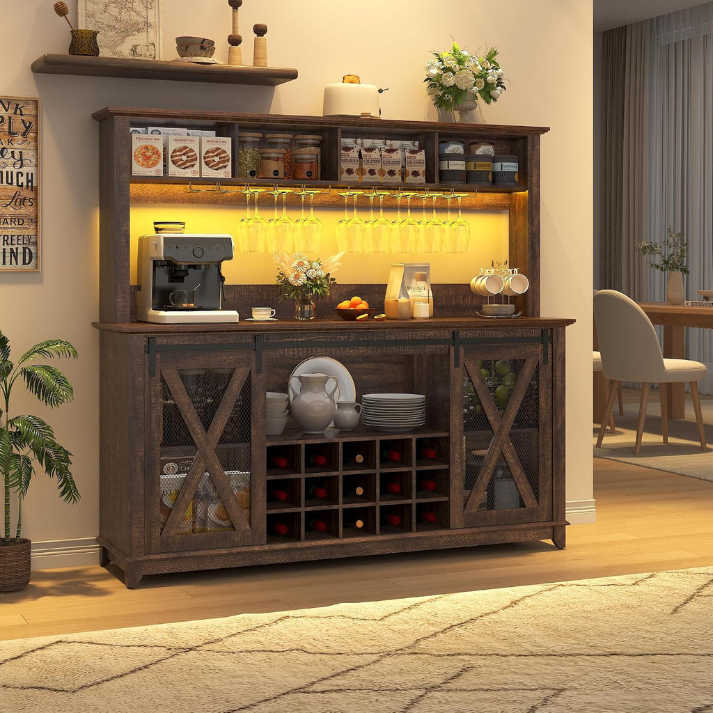 63"Wide 58"H Farmhouse Coffee Bar Cabinet with Power Outlet and LED Light,Wine Bar Cabinet w/ 4 Storage Hutch,Kitchen