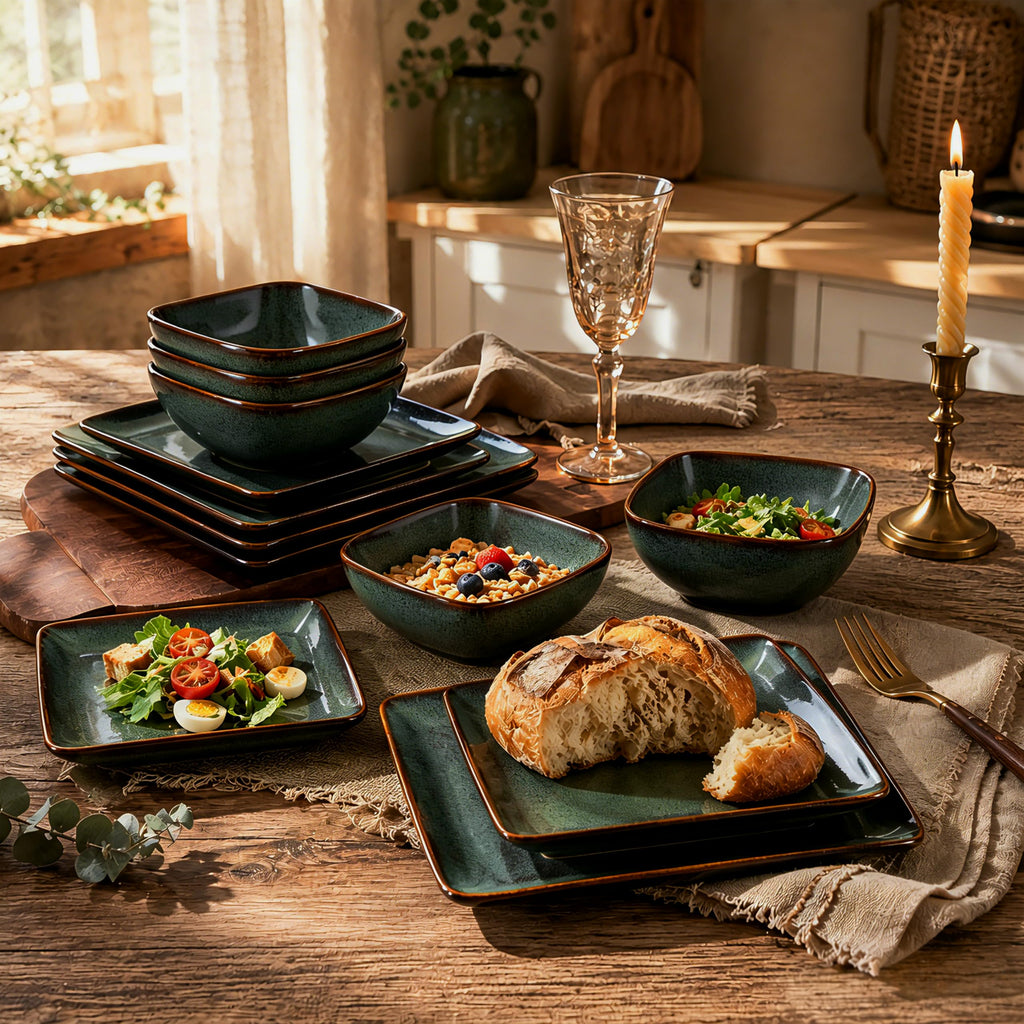 12-Piece Square Stoneware Dinnerware Sets for 4, Reactive Green Glaze