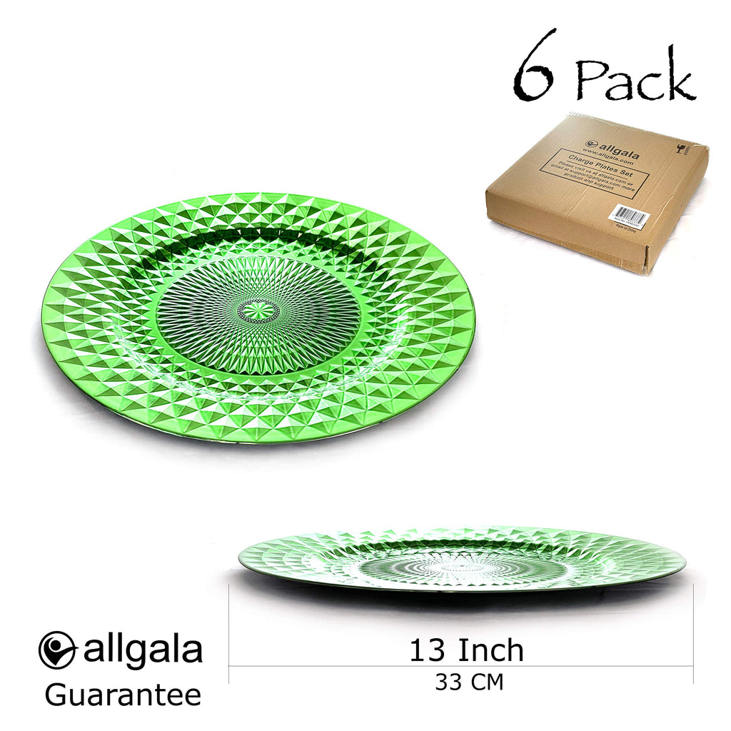 Charger Plates, 13-Inch 6-Pack Heavy Duty Plastic Diamond Pattern Sparkling Wedding Charger Plates-Green