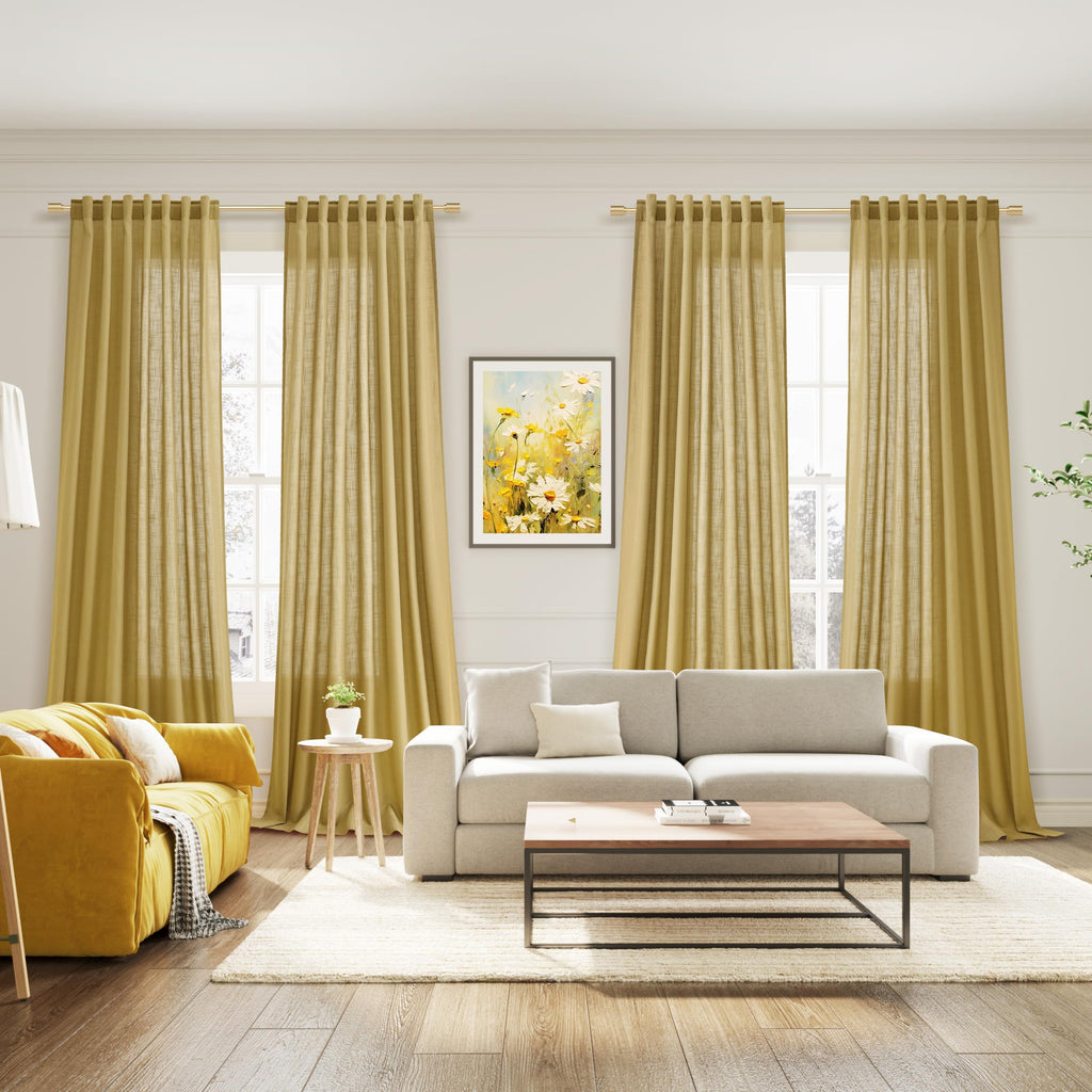 Gold Linen Curtains Semi Sheer Gold 96 Inches Long 2 Panels Set Back Tab Rod Pocket Light Filtering Drape Modern