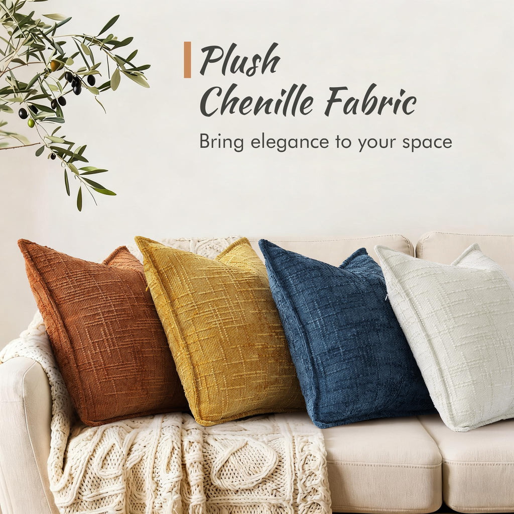 Chenille Fall Throw Pillow Covers 26x26 Set of 2, Mustard Yellow