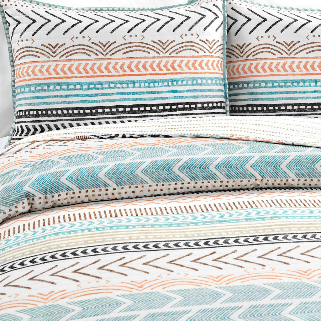 Hygge Geo Cotton Reversible Quilt, 3 Piece Set, Full/Queen, Neutral/Multi - Geometric Striped Bedding - Queen Size