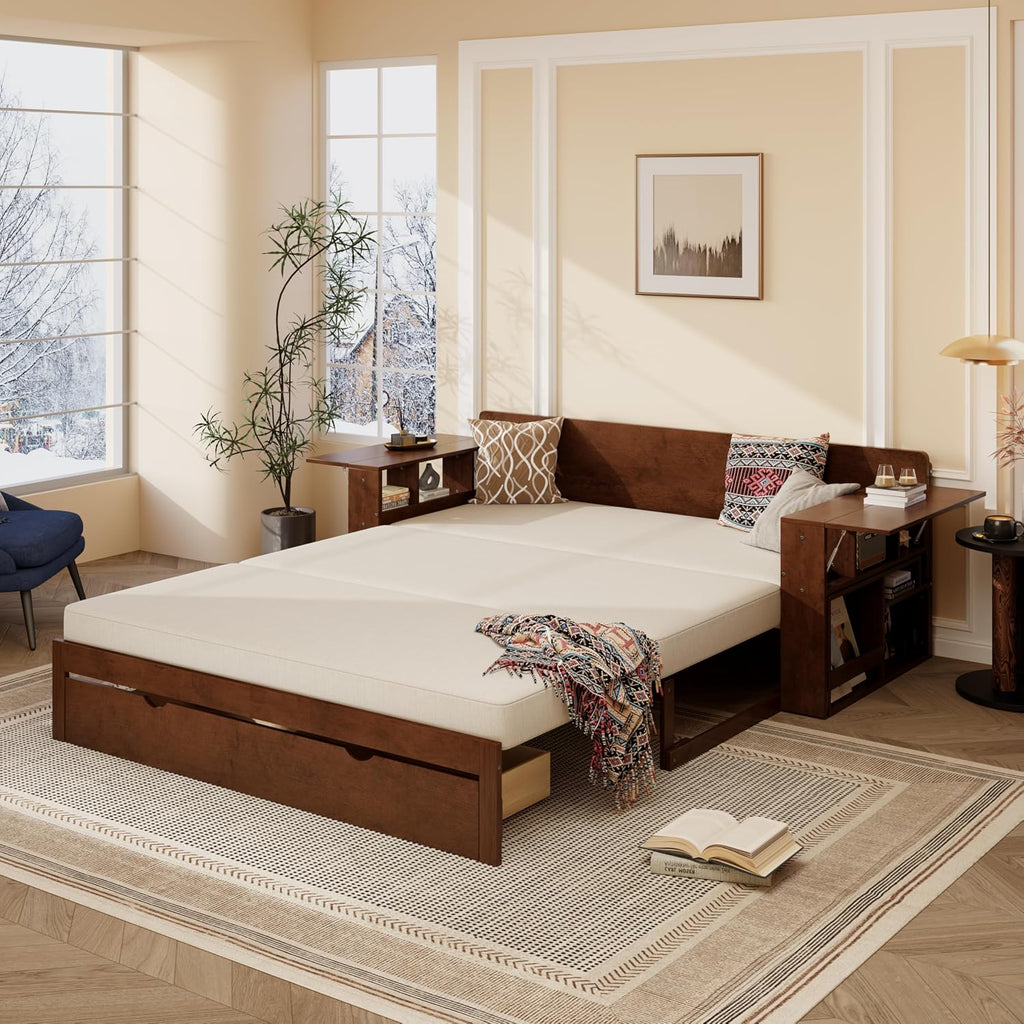 Queen Size Daybed with Pop Up Trundle and 2 Storage Drawers, Wooden Queen Day Bed Frame with Removable Desk