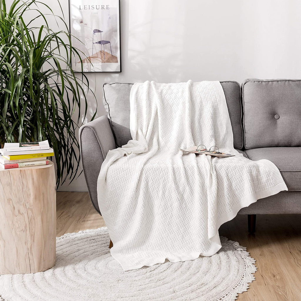 Pure White Cotton Cable Knit Throw Blanket for Couch Chair Sofa, Soft Cozy Home Decorative Blankets for All Seasons