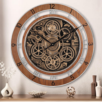 21 Inch Large Steampunk Wall Clock with Moving Gears Wooden Brown