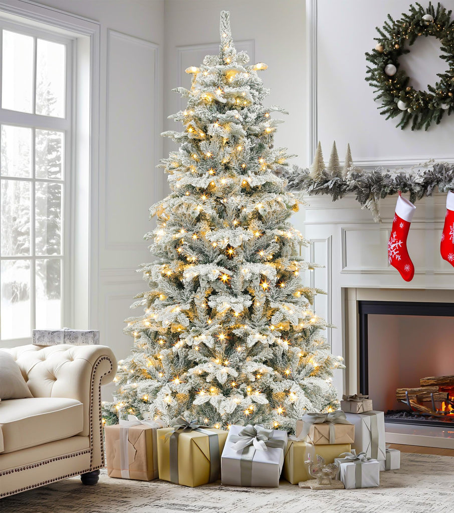 7.5ft Snow Flocked Spruce Pre-lit Artificial Christmas Tree, White