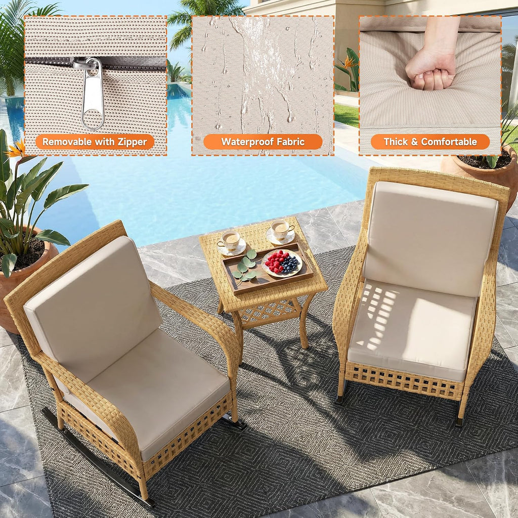 Outdoor Rocking Chair Set, 3-Piece Wicker Patio Furniture | Elegant Wicker Style | Comfortable Cushions | Stable