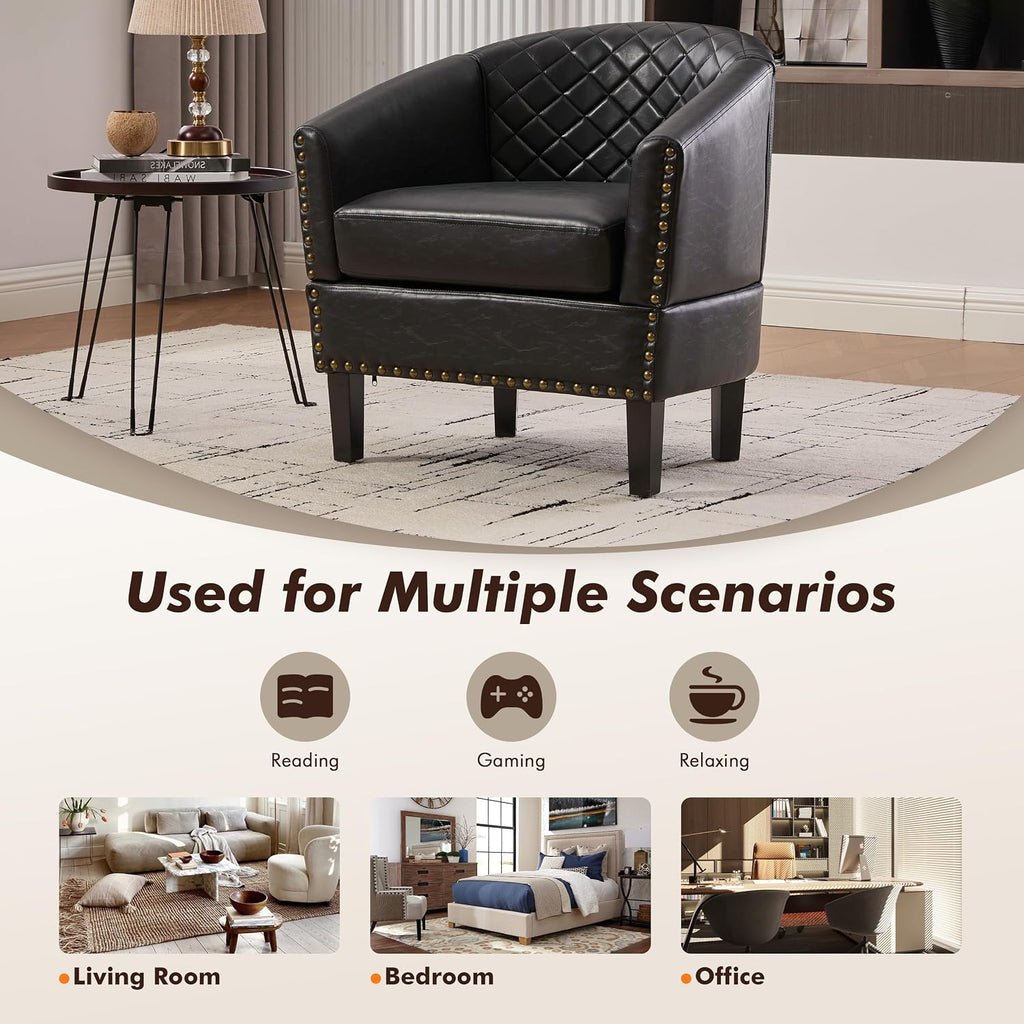 Retro PU Leather Barrel Chairs, (Black) - Set of 2