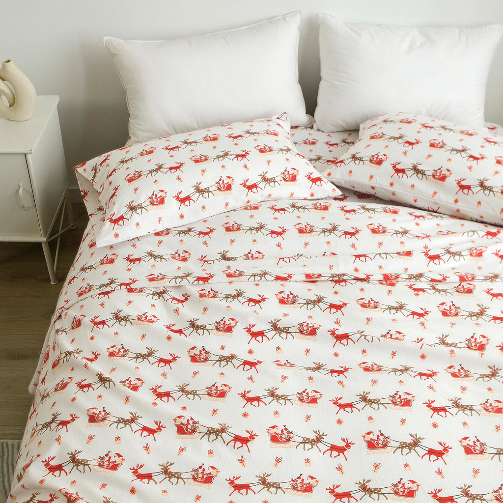 Holiday Christmas Flannel Sheet Set, Twin, Santa Sleigh