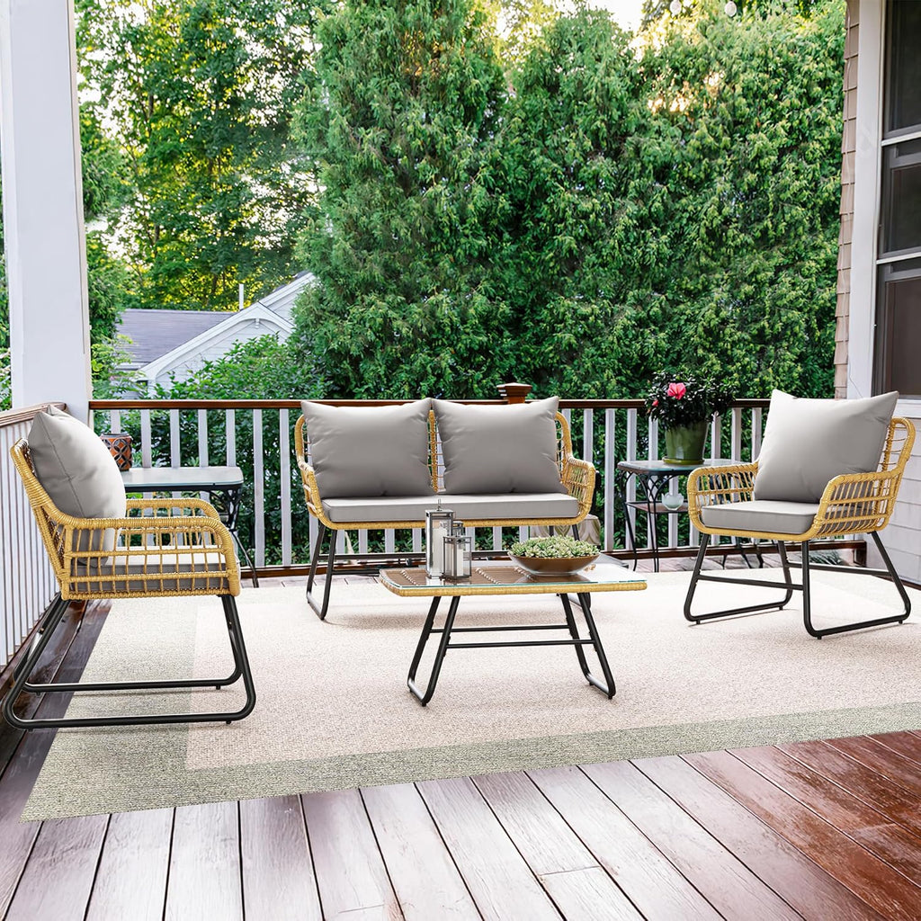 4-Piece Patio Furniture Wicker Outdoor Bistro Set, All-Weather Rattan Conversation Loveseat Chairs for Backyard