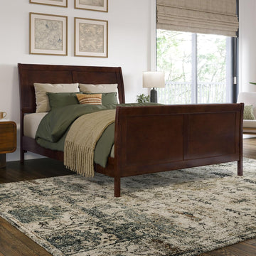 Valencia Full Solid Wood Low Profile Sleigh Platform Bed with Matching Footboard, Walnut