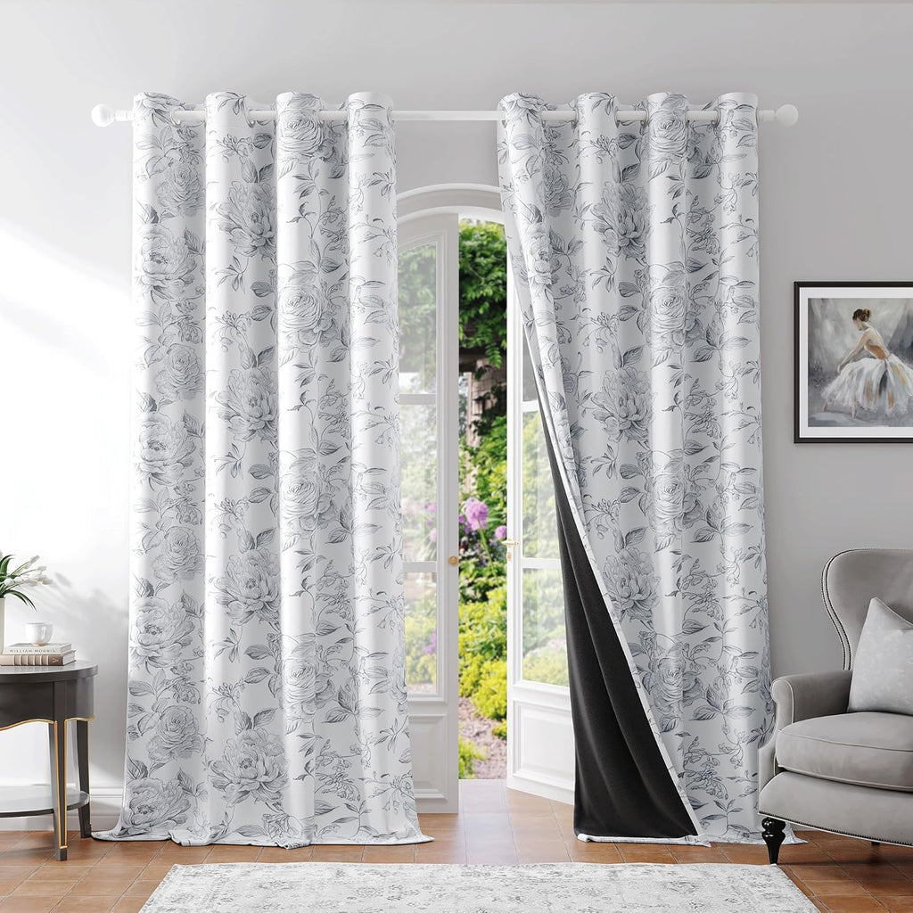 Floral 100% Blackout Curtains 84 Inches Long 2 Panels for Bedroom Living Room Grey White Farmhouse Rose Flower