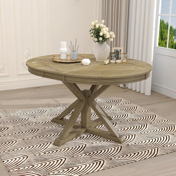 42"-54" Farmhouse Extendable Dining Table for 4-6 with 12" Butterfly Leaf Round-to-Oval Top Cross-Base Legs, Kitchen