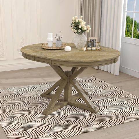 42"-54" Farmhouse Extendable Dining Table for 4-6 with 12" Butterfly Leaf Round-to-Oval Top Cross-Base Legs, Kitchen