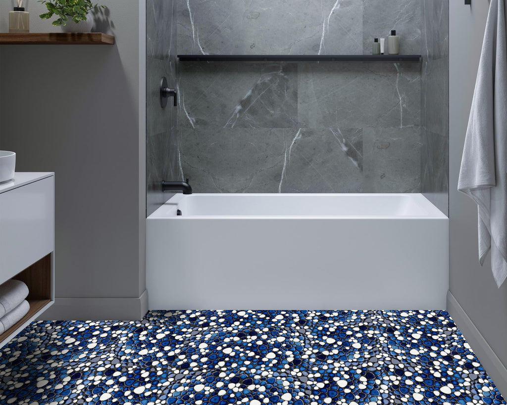 Pebble Ceramic Tiles 5 Sheets, Heart-Shaped 12x12 Floor Tile Ceramic, Dark Blue Mosaic Tiles Mesh Mounted, Waterproof