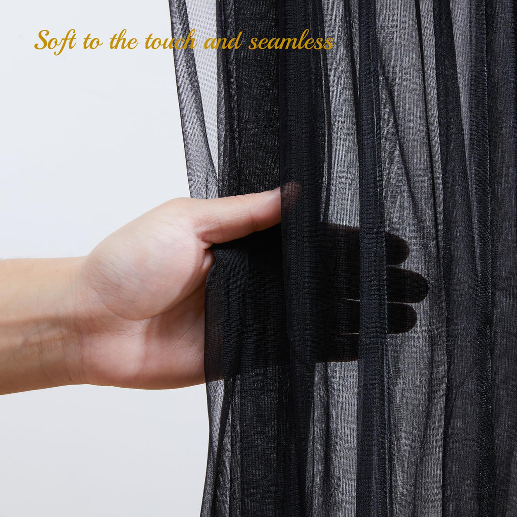 10x10ft Black Tulle Backdrop Curtain with Lights String for Parites, Sheer Photo Backdrop Drapes for Wedding Baby