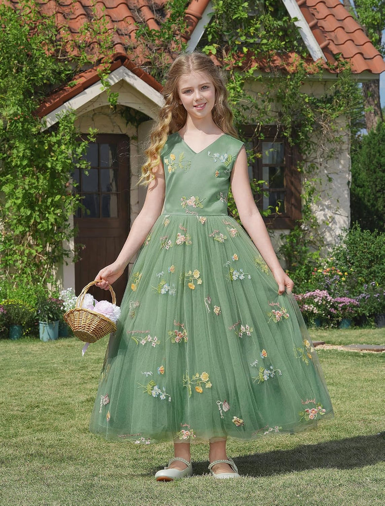 Embroidery Flower Girl Lace Dress for Kids Wedding Pageant Party First Communion Dresses Princess Bridesmaid Maxi Gown