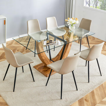 71" Glass Dining Table Set for 6, 7 Piece Dining Table Set, Tempered Glass Table Top with U-Shaped Legs and Fabric