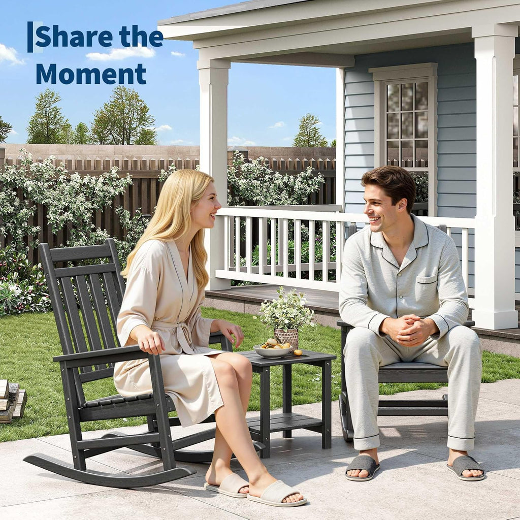 HDPE Rocking Chair Outdoor Set of 2 with Side Table, High Back Rocker | All Weather Resistant & Wood Textured