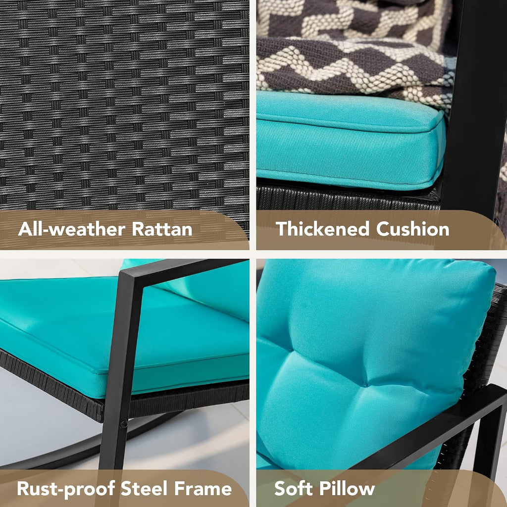 3 Pieces Patio Furniture Set Wicker Outdoor Rocking Chair, Blue | PE Rattan Patio Conversation Sets, Bistro Sets of 2