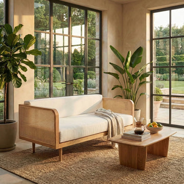 Couture Helena French Mid-Century Natural and Beige Rattan Daybed