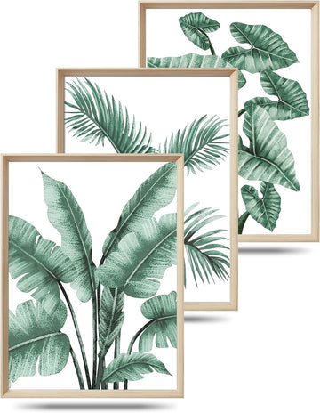 Framed Wall Art(No Plexiglass), Abstract Green Palm and Eucalyptus Leafs Canvas Wall Art, High-end 16x12in Wood Wall